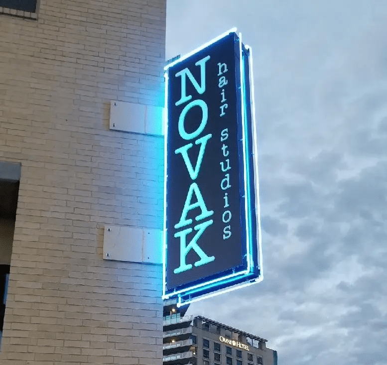 Illuminated Signs in Fort Worth, TX 5 Novak Hair Studios Blue Illuminated signage CLOSE UP 300x283 2
